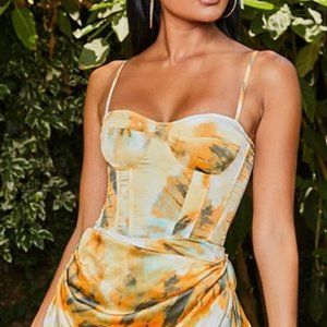 PrettyLittleThing ORANGE TIE DYE PRINT STRUCTURED CORSET TOP